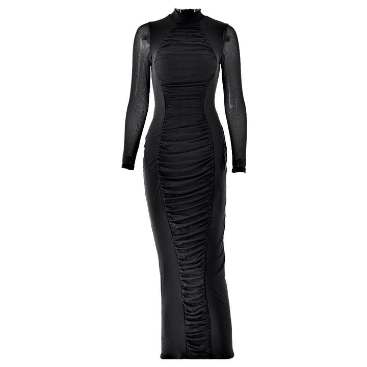 Long sleeve ruched mesh patchwork maxi dress  | Festival Outfits Women