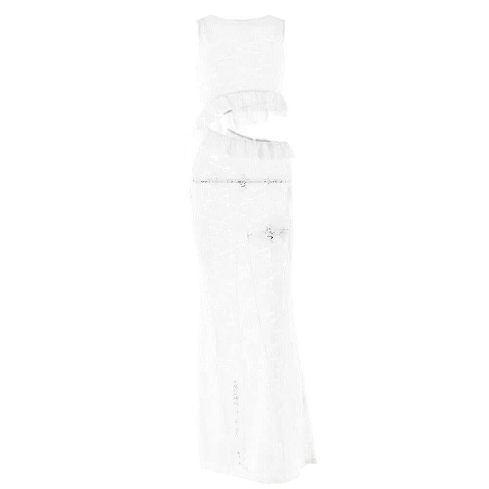 Crewneck hollow out lace ruched see through cut out maxi dress  | Festival Outfits Women