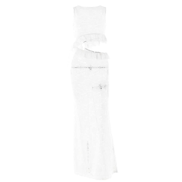 Crewneck hollow out lace ruched see through cut out maxi dress  | Festival Outfits Women
