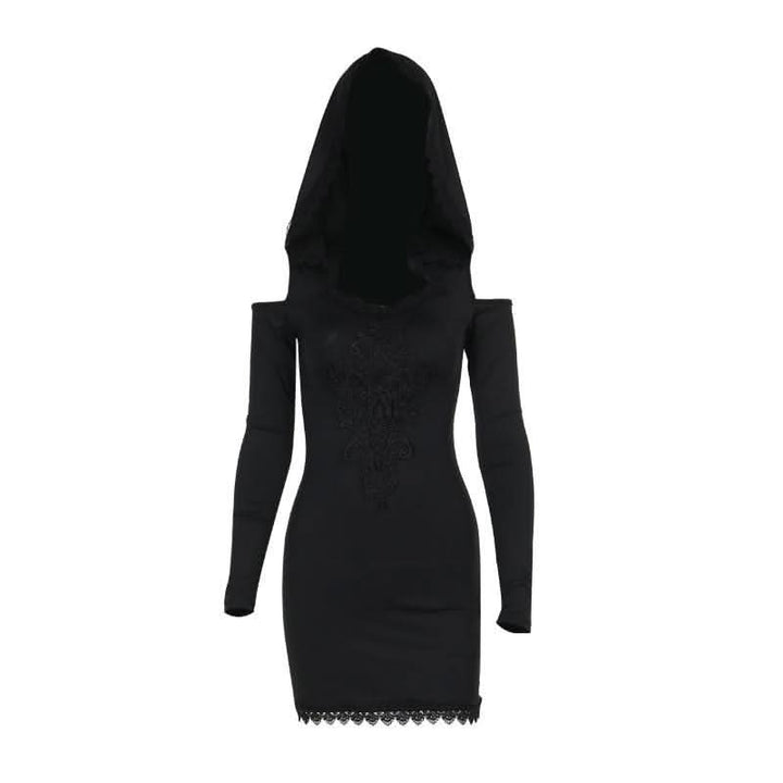 Hoodie long sleeve lace hem embroidery hollow out cut out mini dress-final-sale  | Festival Outfits Women