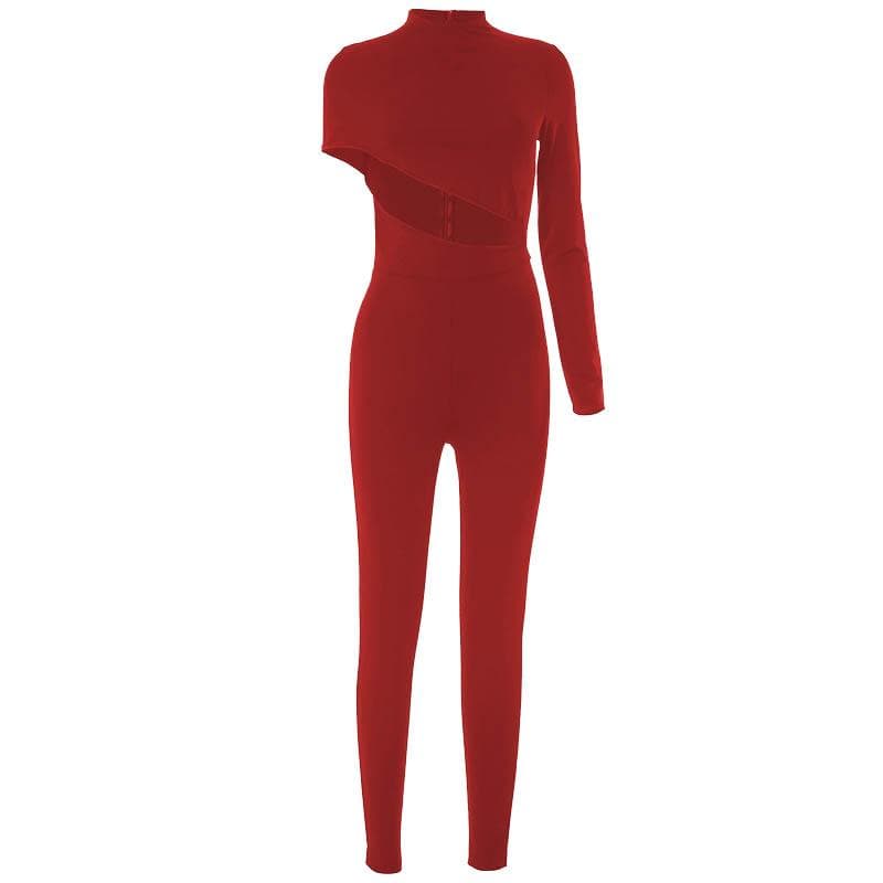 Hollow out irregular long sleeve high neck solid jumpsuit-final-sale  | Festival Outfits Women