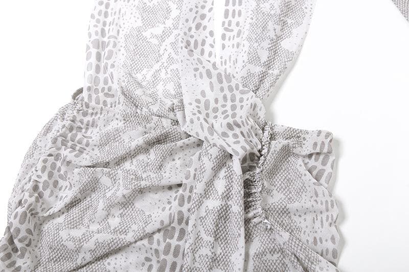 Snakeskin print halter sheer mesh irregular ruched mini dress  | Festival Outfits Women
