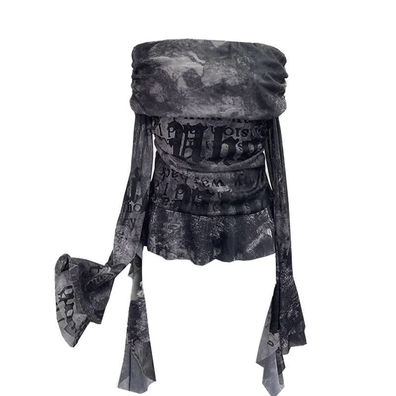 Long sleeve mesh print off shoulder ruched top  | Festival Outfits Women
