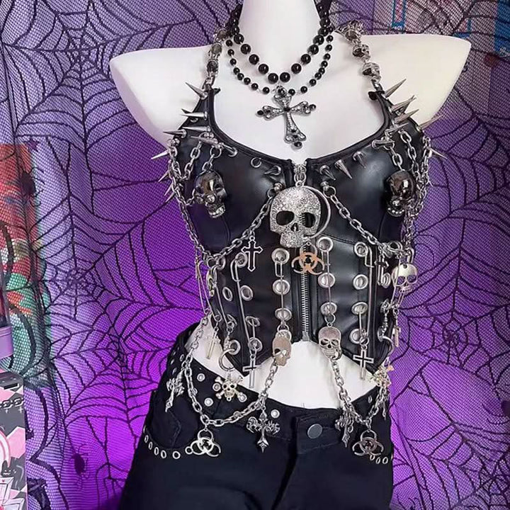 Halter metal chain PU leather skull applique zip-up top  | Festival Outfits Women