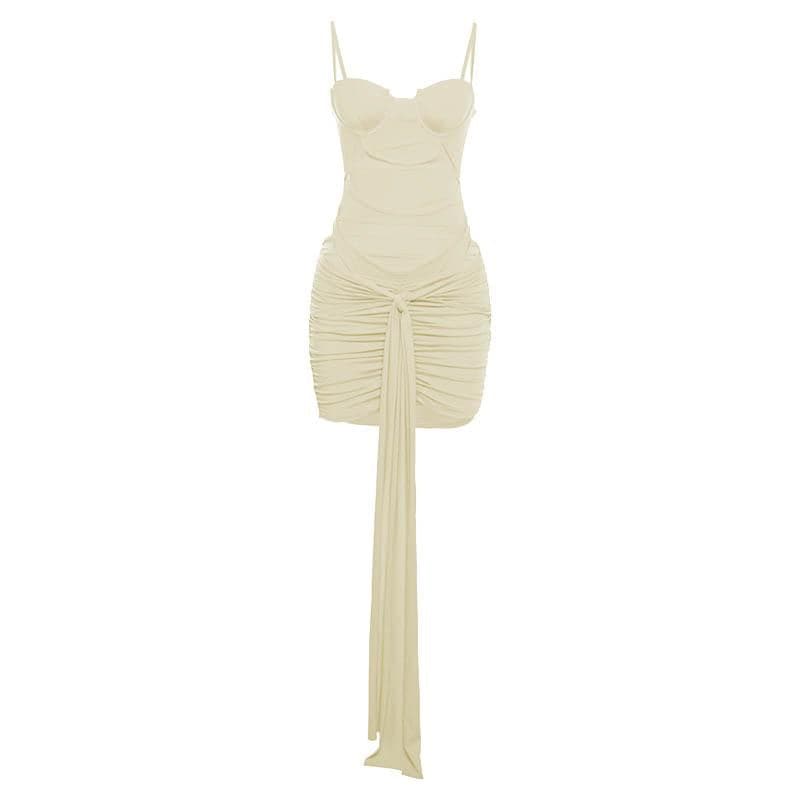 Hollow out solid ruched low cut self tie cami bodysuit mini skirt set-final-sale  | Festival Outfits Women