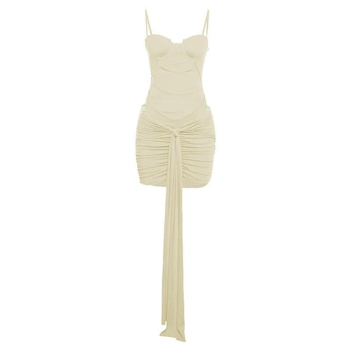Hollow out solid ruched low cut self tie cami bodysuit mini skirt set-final-sale  | Festival Outfits Women
