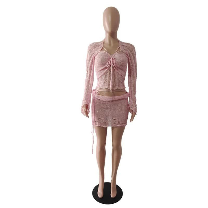 Glitter knitted long sleeve hollow out 3 piece mini skirt set  | Festival Outfits Women