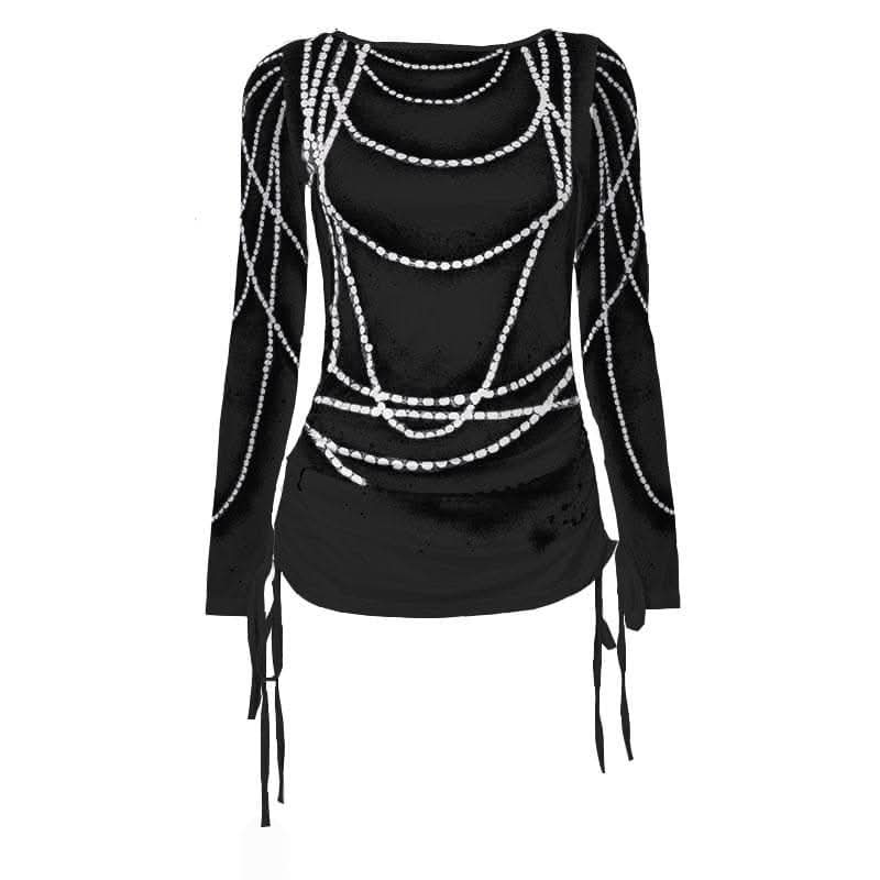 Drawstring long sleeve beaded print contrast backless top-final-sale  | Festival Outfits Women