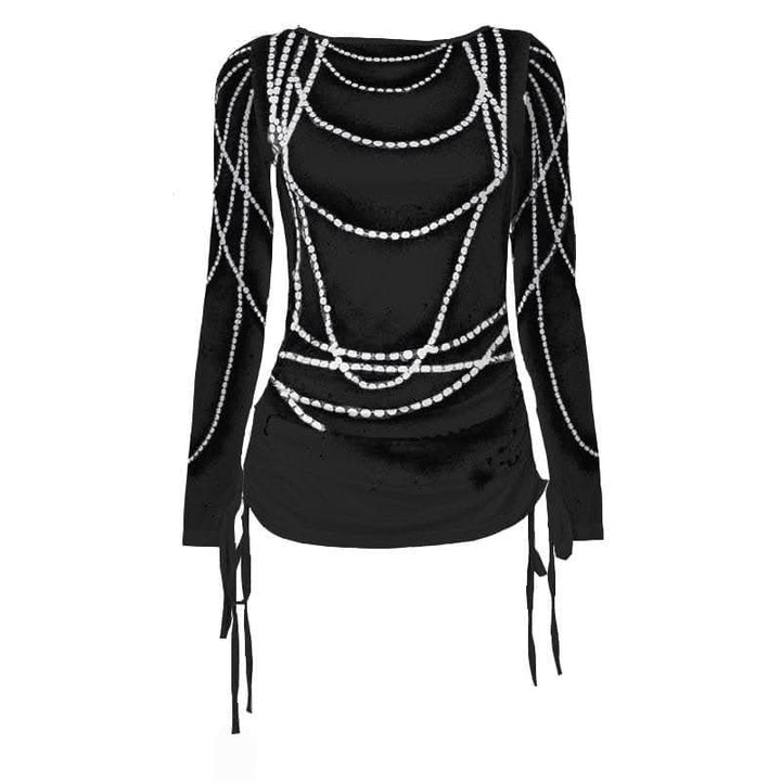 Drawstring long sleeve beaded print contrast backless top-final-sale  | Festival Outfits Women