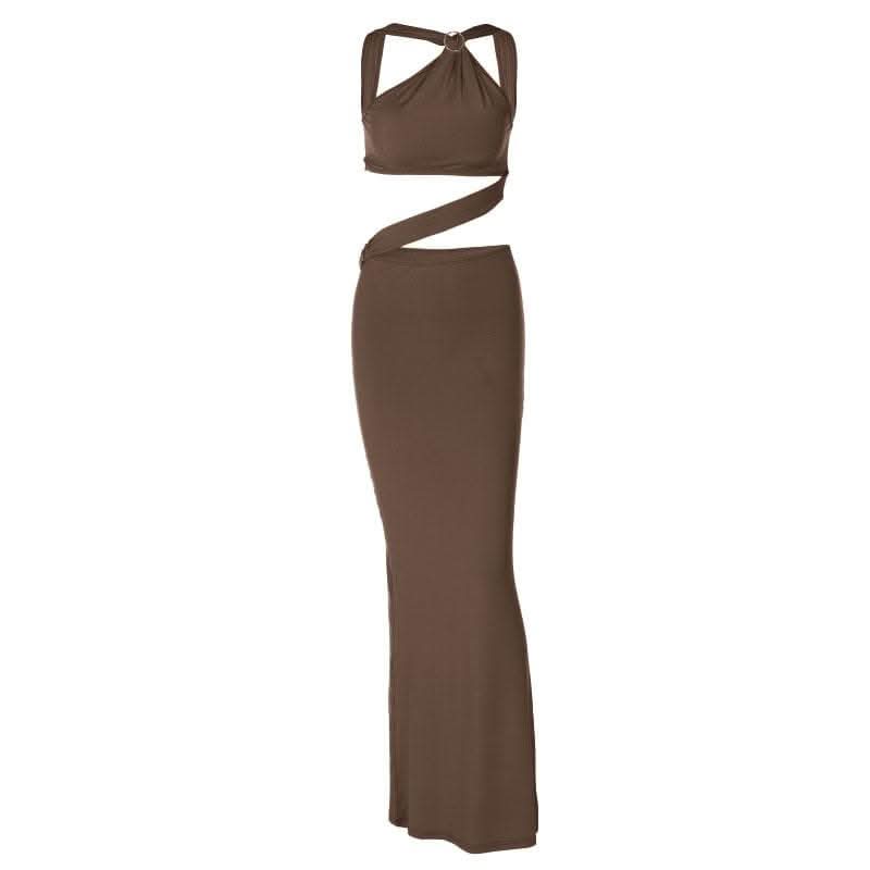 Backless hollow out o ring pearl chain solid cut out maxi dress-final-sale  | Festival Outfits Women