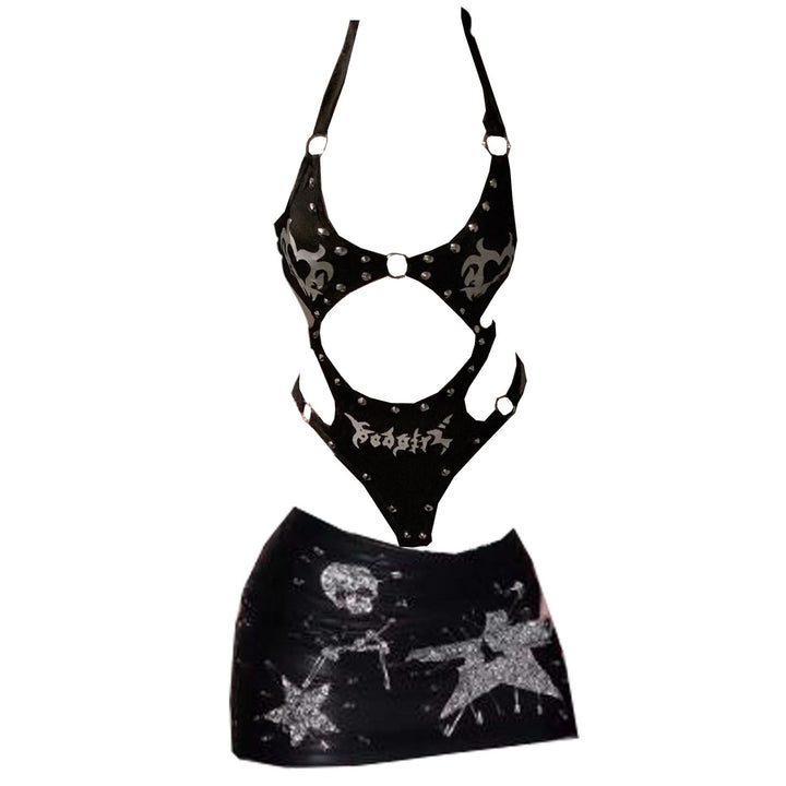Halter beaded skeleton print o ring mini bodysuit  | Festival Outfits Women