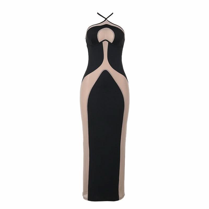 Halter self tie mesh patchwork backless maxi dress  | Festival Outfits Women