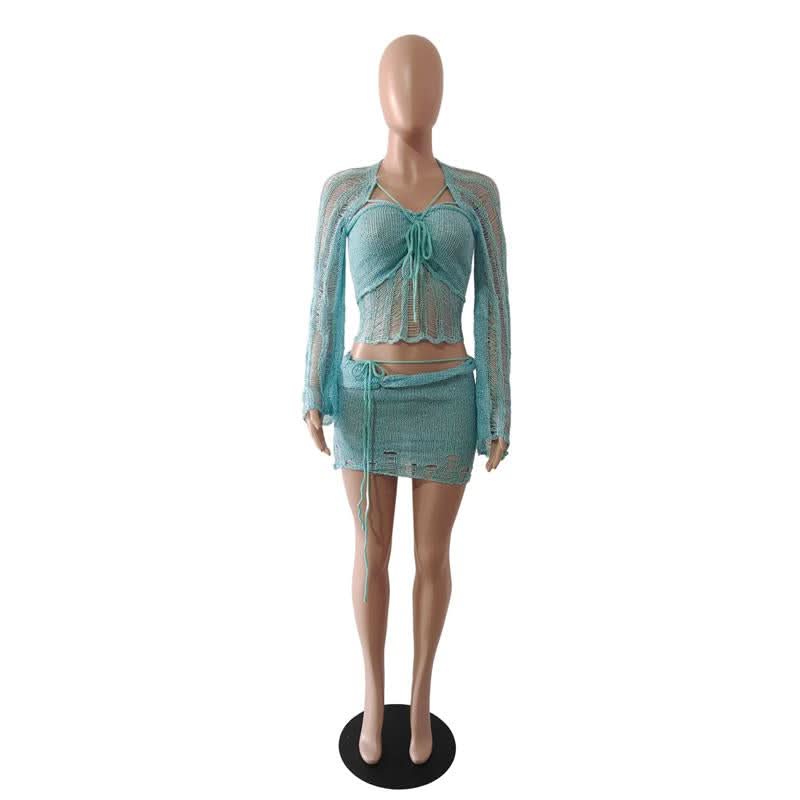 Glitter knitted long sleeve hollow out 3 piece mini skirt set  | Festival Outfits Women