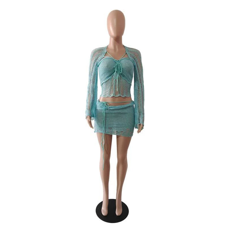 Glitter knitted long sleeve hollow out 3 piece mini skirt set  | Festival Outfits Women
