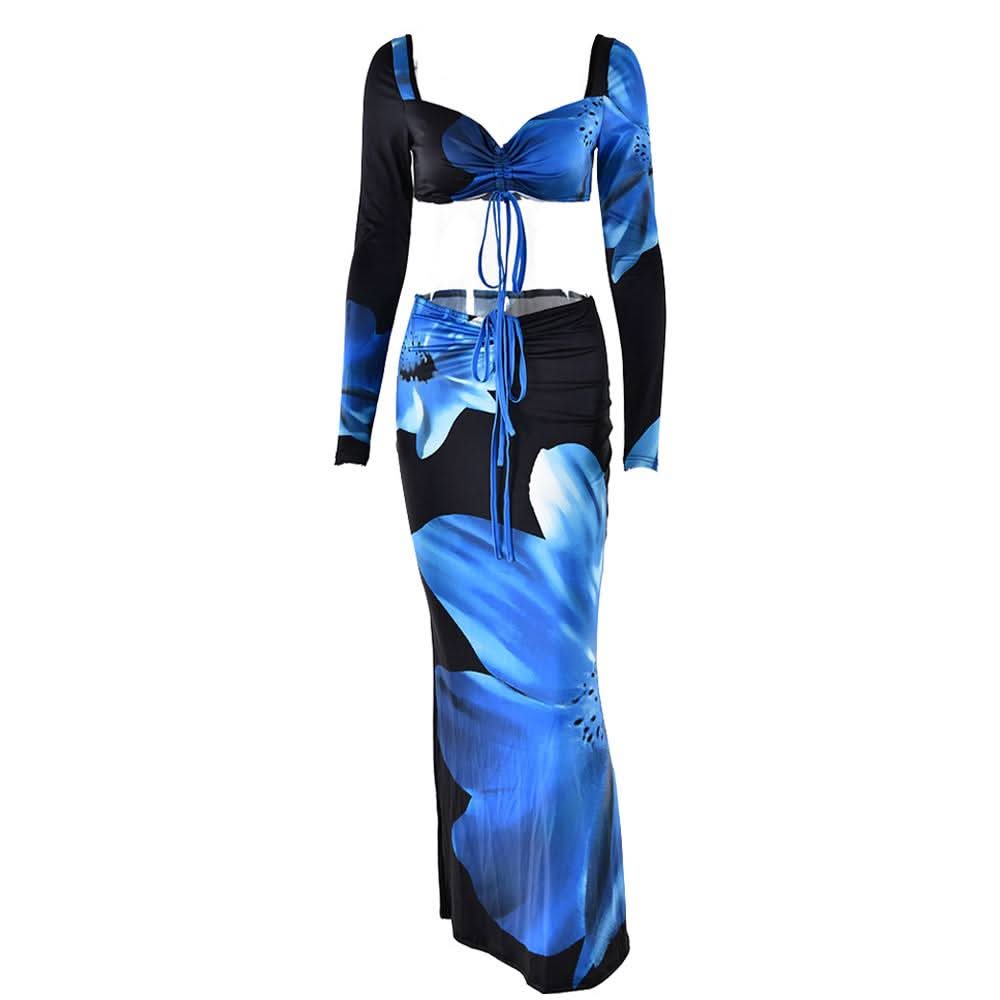 Long sleeve ruched drawstring print slit maxi skirt set  | Festival Outfits Women