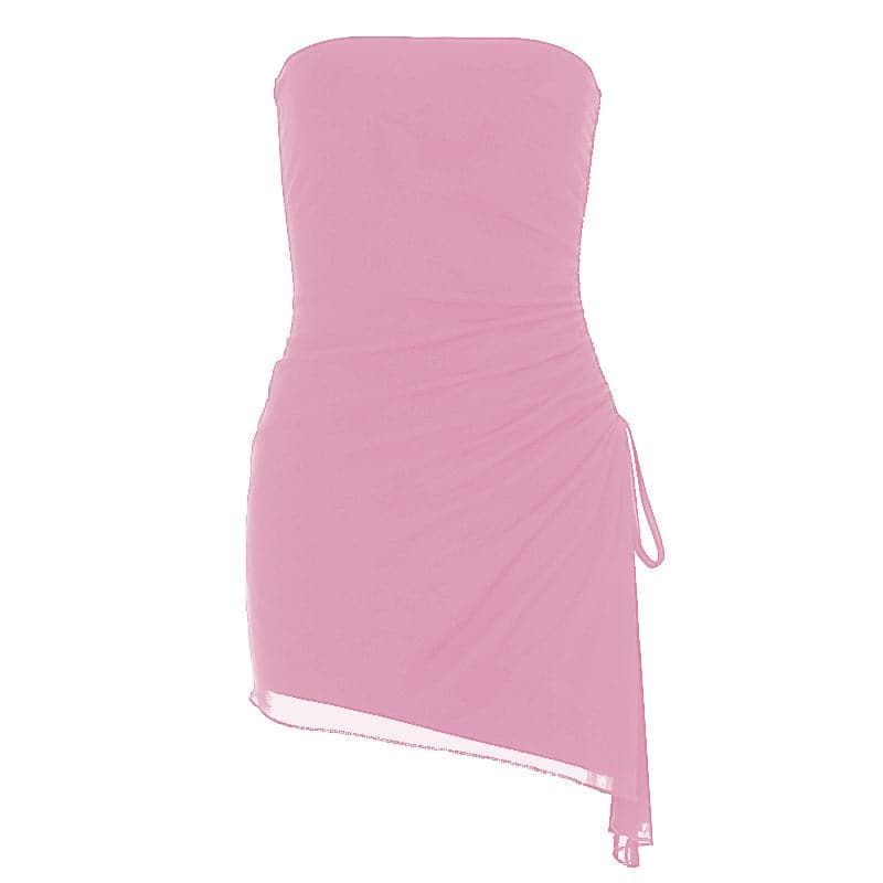 Drawstring ruched mesh irregular tube mini dress  | Festival Outfits Women