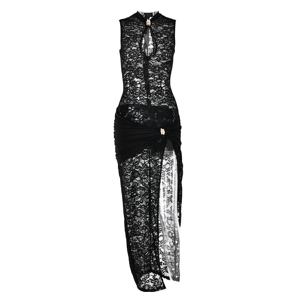 Lace ruched see through hollow out high slit cut out maxi dress  | Festival Outfits Women