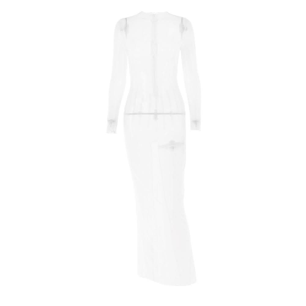 Long sleeve sheer mesh zip-up stitch maxi dress-final-sale  | Festival Outfits Women
