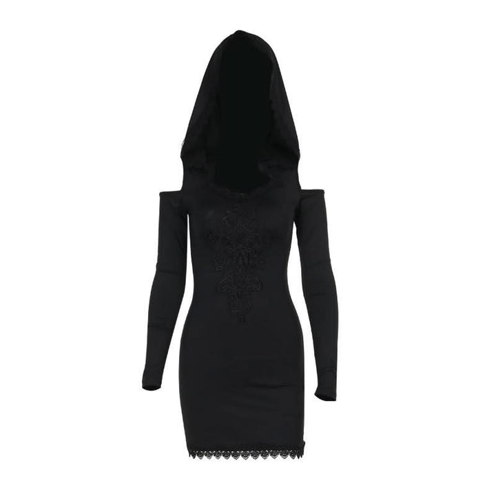 Hoodie long sleeve lace hem embroidery hollow out cut out mini dress  | Festival Outfits Women