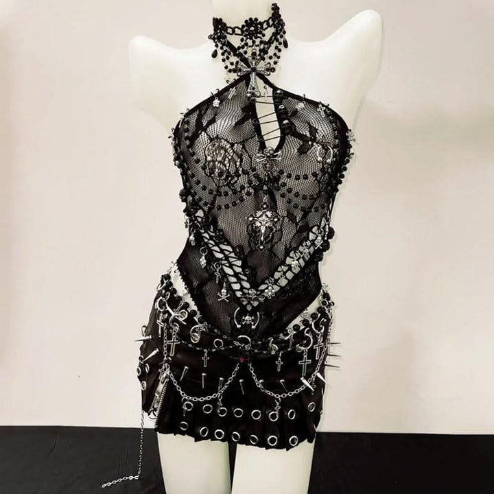 Halter hollow out beaded zip-up cut out top  | Festival Outfits Women