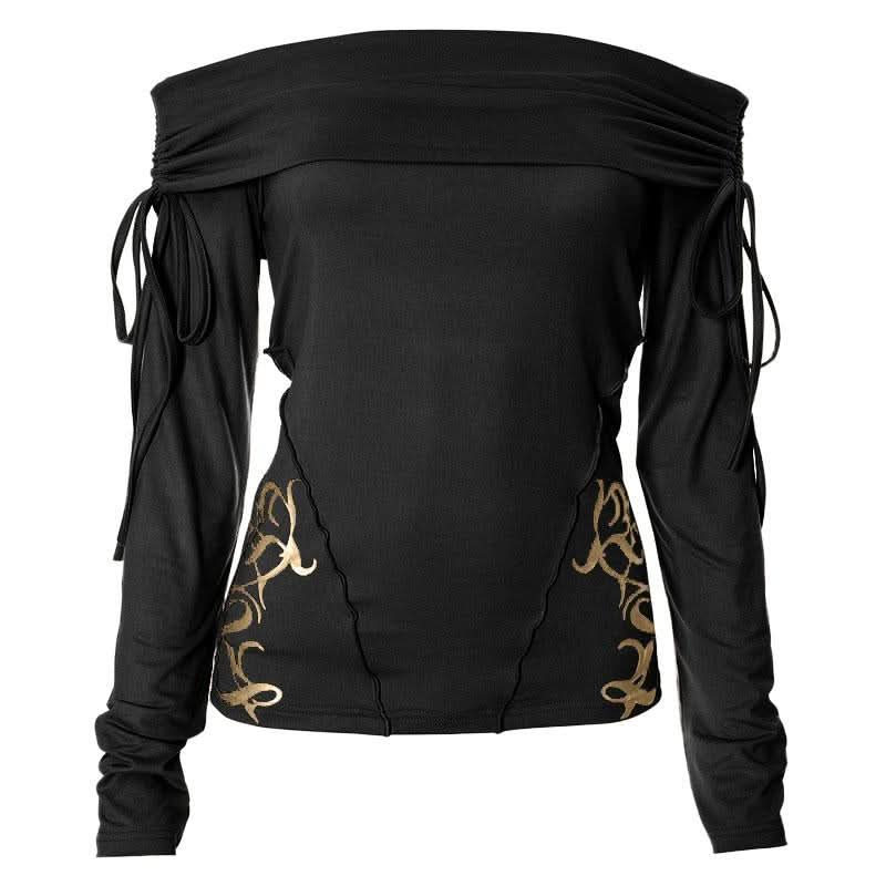 Long sleeve off shoulder ruched self tie stitch top  | Festival Outfits Women