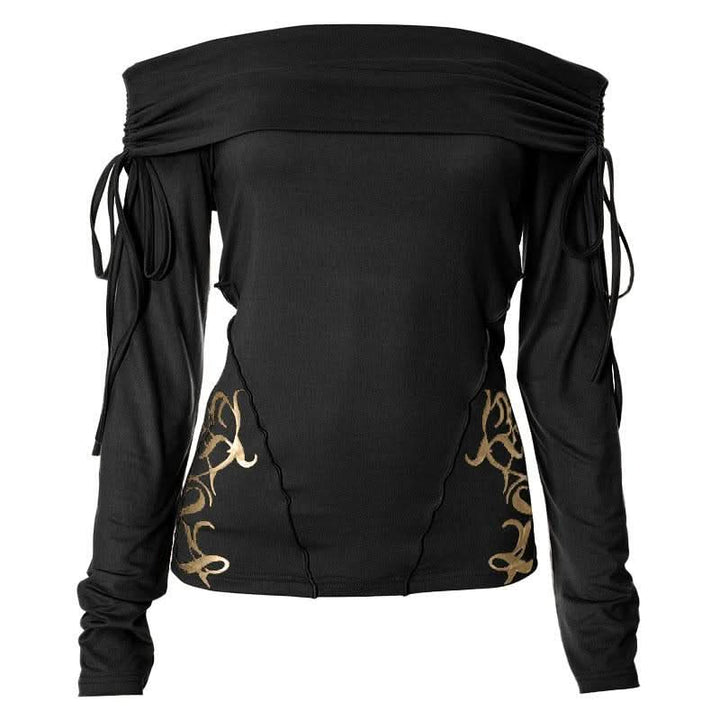 Long sleeve off shoulder ruched self tie stitch top  | Festival Outfits Women