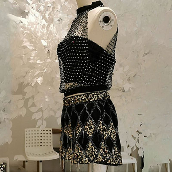 Crewneck hollow out see through beaded button cut out top  | Festival Outfits Women