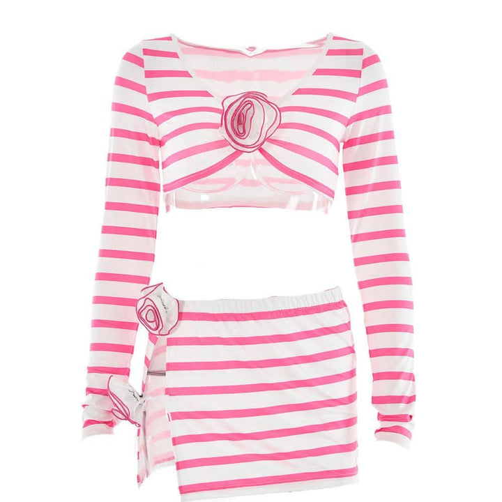 Striped flower applique long sleeve contrast slit mini skirt set-final-sale  | Festival Outfits Women