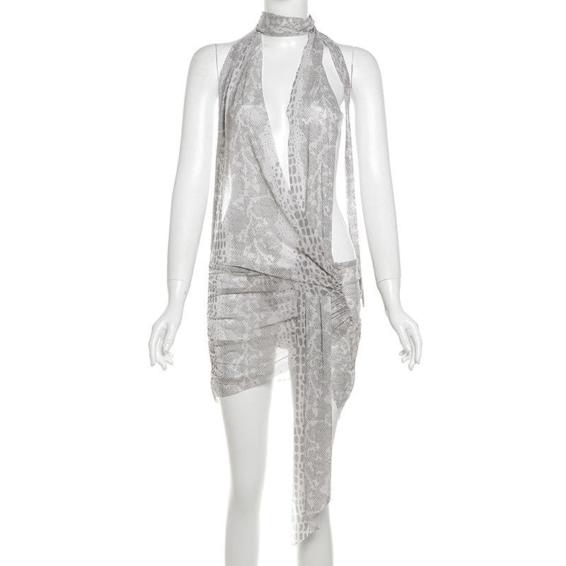 Snakeskin print halter sheer mesh irregular ruched mini dress  | Festival Outfits Women