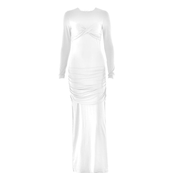 Long sleeve crewneck ruched cross front maxi dress  | Festival Outfits Women