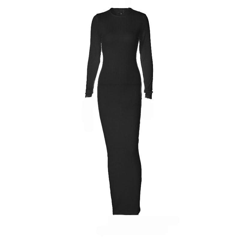Long sleeve solid round neck maxi dress-final-sale  | Festival Outfits Women
