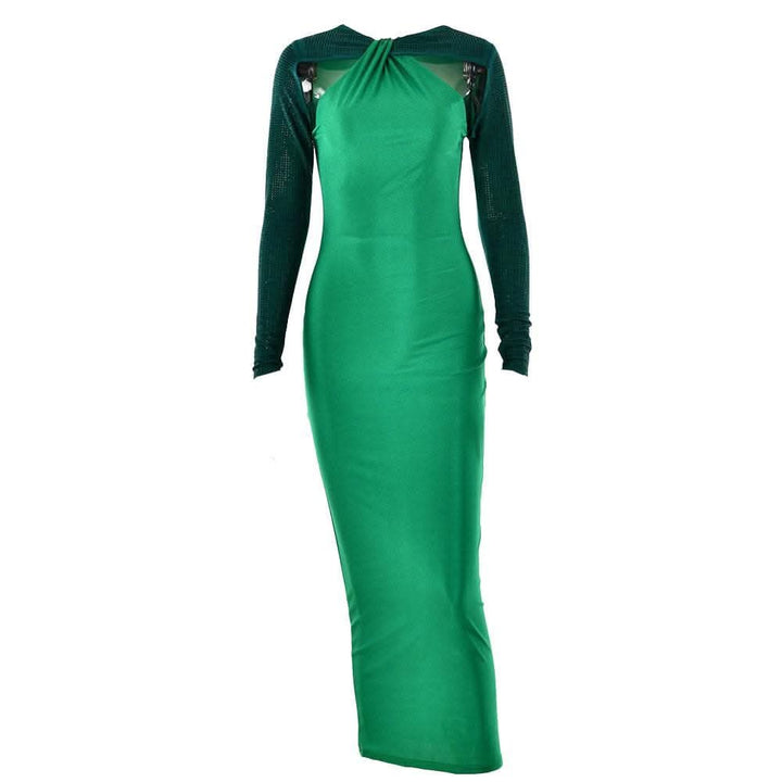 Long sleeve beaded zip-up hollow out patchwork cut out maxi dress-final-sale  | Festival Outfits Women