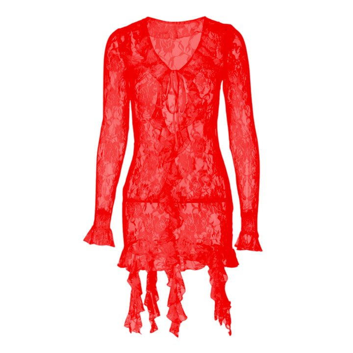 Long flared sleeve ruffle lace see through mini dress  | Festival Outfits Women