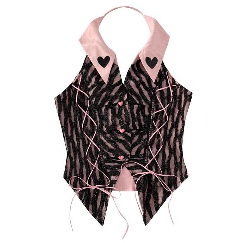 Halter self tie turnover collar heart applique top  | Festival Outfits Women