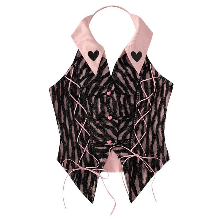 Halter self tie turnover collar heart applique top  | Festival Outfits Women