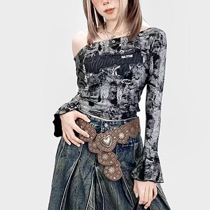 Long flared sleeve irregular tie dye one shoulder top  | Festival Outfits Women