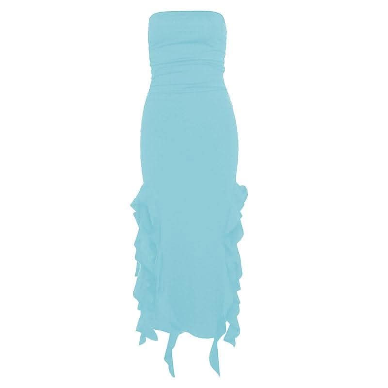 Solid slit irregular ruffle ribbon backless tube midi dress - Final Sale
