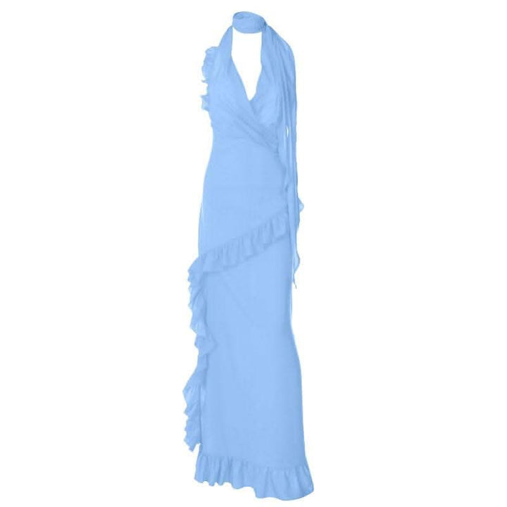 Halter v neck backless ruffle zip-up solid maxi dress-final-sale  | Festival Outfits Women