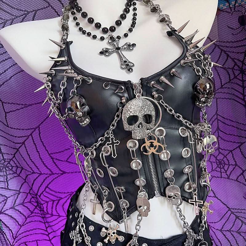 Halter metal chain PU leather skull applique zip-up top  | Festival Outfits Women