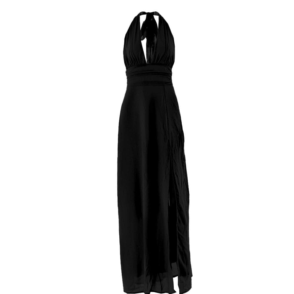 Halter deep v neck ruched high slit maxi dress  | Festival Outfits Women