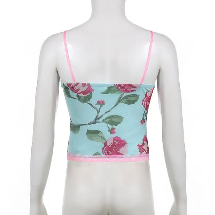 Lace hem flower print v neck contrast mesh top-final-sale  | Festival Outfits Women