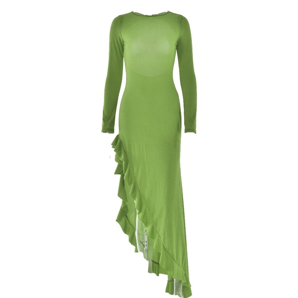 Long sleeve see through glitter irregular ruffle maxi dress  | Festival Outfits Women