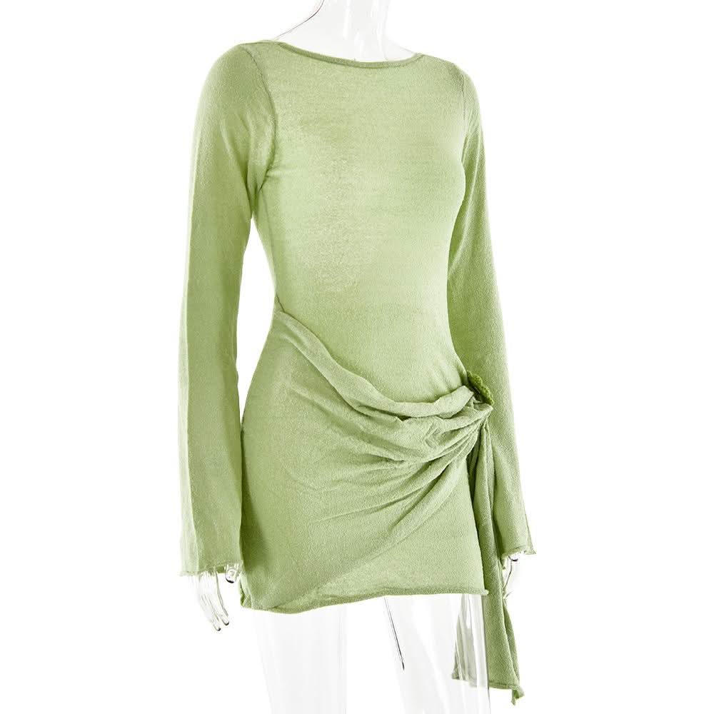 Long sleeve flower applique ruched backless mini dress  | Festival Outfits Women