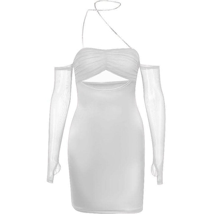 Mesh gloves solid halter ruched hollow out off shoulder cut out mini dress-final-sale  | Festival Outfits Women
