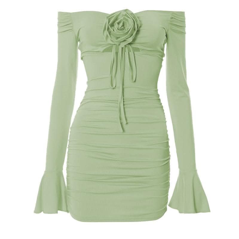 Flower applique hollow out ruched long flared sleeve cut out mini dress-final-sale  | Festival Outfits Women