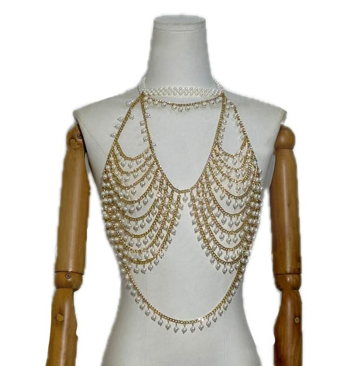 Halter hollow out beaded metal chain cut out top  | Festival Outfits Women