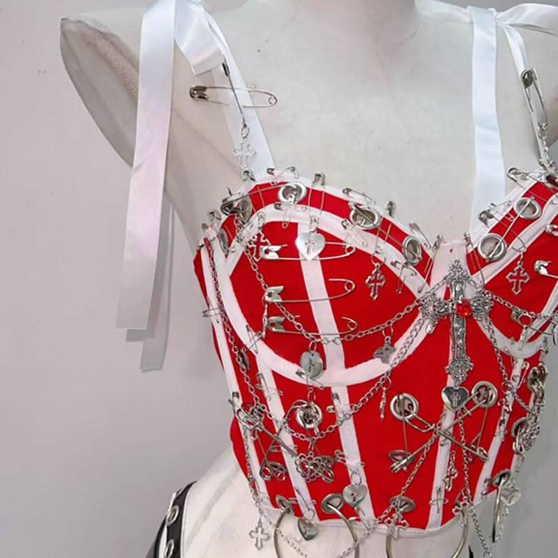 Ribbon self tie v neck hollow out metal chain o ring cut out top  | Festival Outfits Women