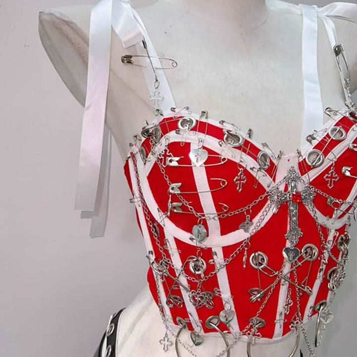 Ribbon self tie v neck hollow out metal chain o ring cut out top  | Festival Outfits Women