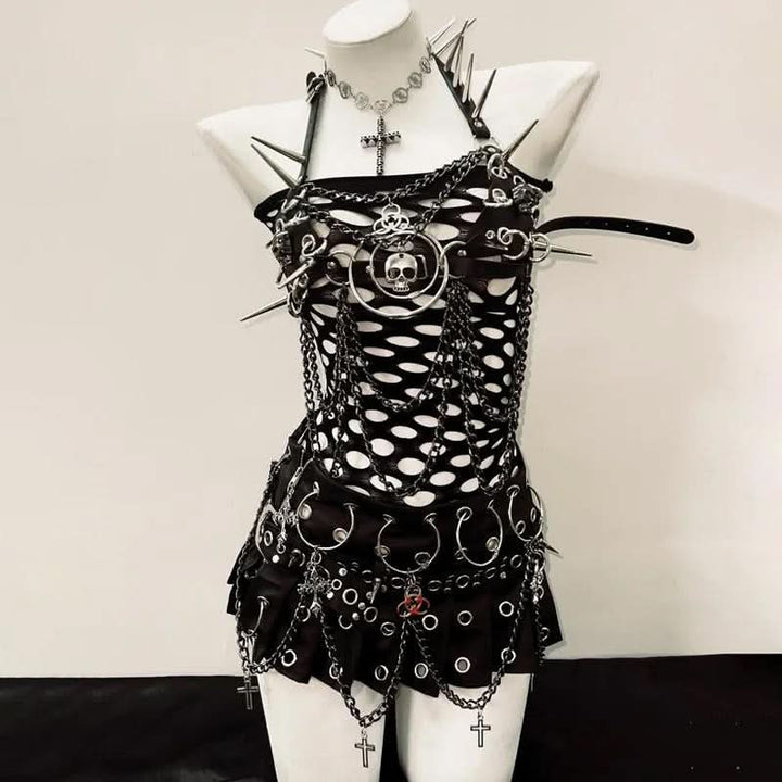 Halter o ring PU leather rivet metal chain top  | Festival Outfits Women