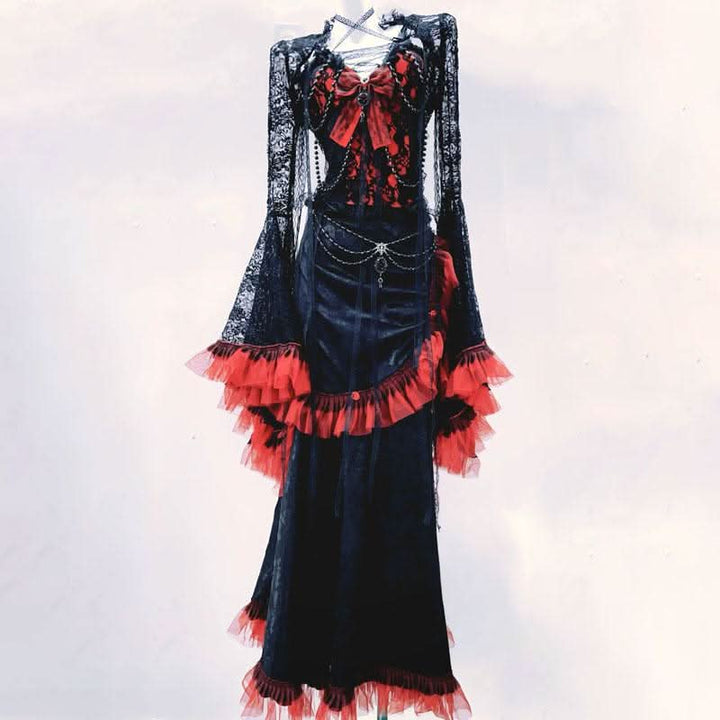 Long flared sleeve lace bowknot pleated maxi dress  | Festival Outfits Women